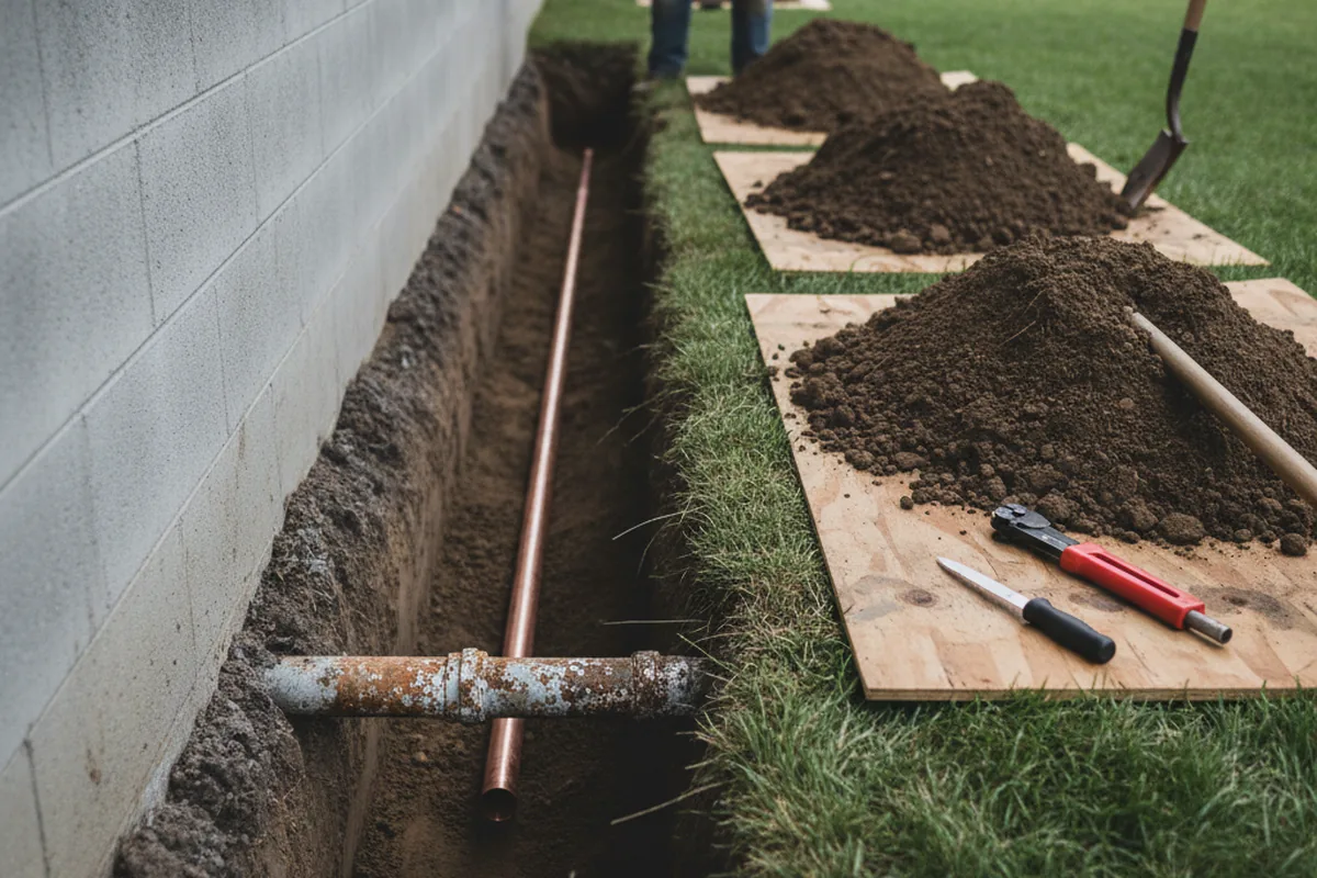 Excavated water line trench during Water Softener Installation in Cornucopia